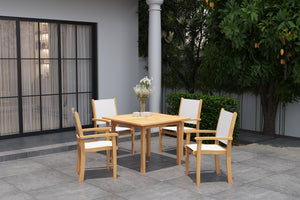 Perrin 5-Piece Square Teak Outdoor Dining Set in White with Stacking Armchairs Outdoor Dining Set