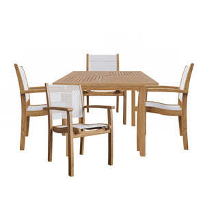 Perrin 5-Piece Square Teak Outdoor Dining Set in White with Stacking Armchairs Outdoor Dining Set
