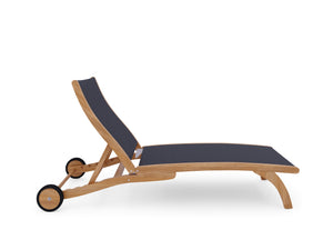 Perrin Teak Outdoor Reclining Chaise Lounger in Black with Rear Wheels Lounger