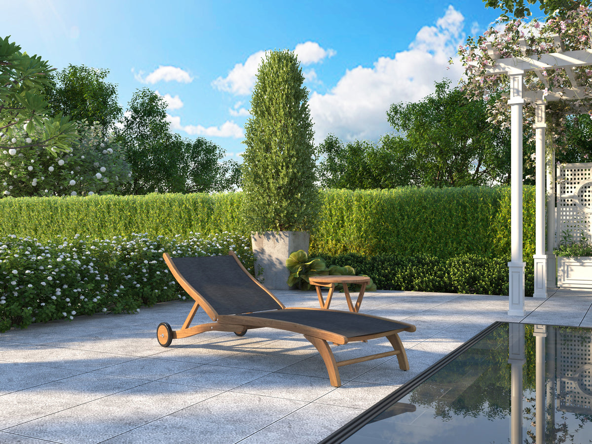 Perrin Teak Outdoor Reclining Chaise Lounger in Black with Rear Wheels Lounger