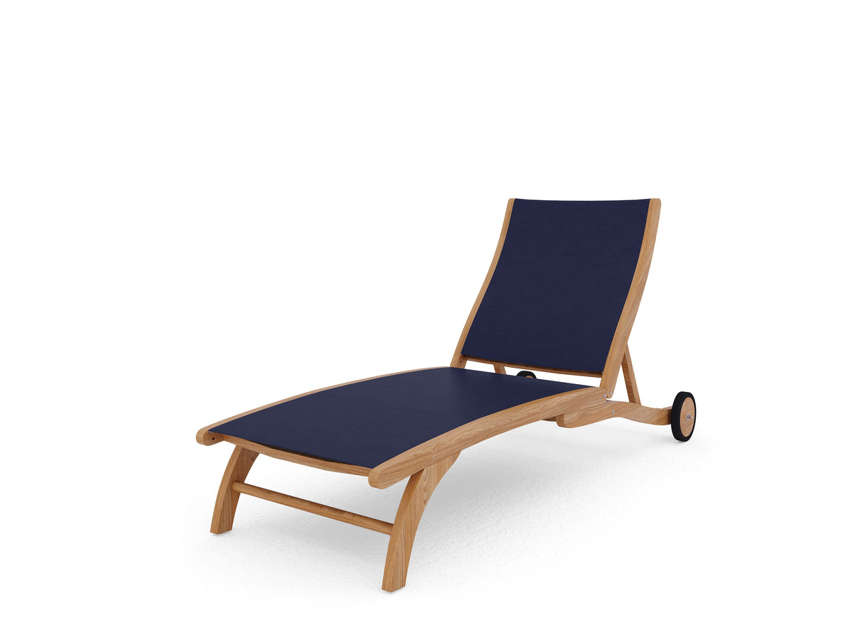 Perrin Teak Outdoor Reclining Chaise Lounger in Blue with Rear Wheels Lounger