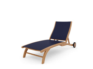 Perrin Teak Outdoor Reclining Chaise Lounger in Blue with Rear Wheels Lounger