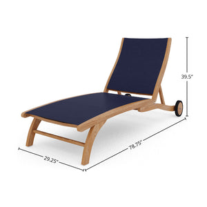 Perrin Teak Outdoor Reclining Chaise Lounger in Blue with Rear Wheels Lounger