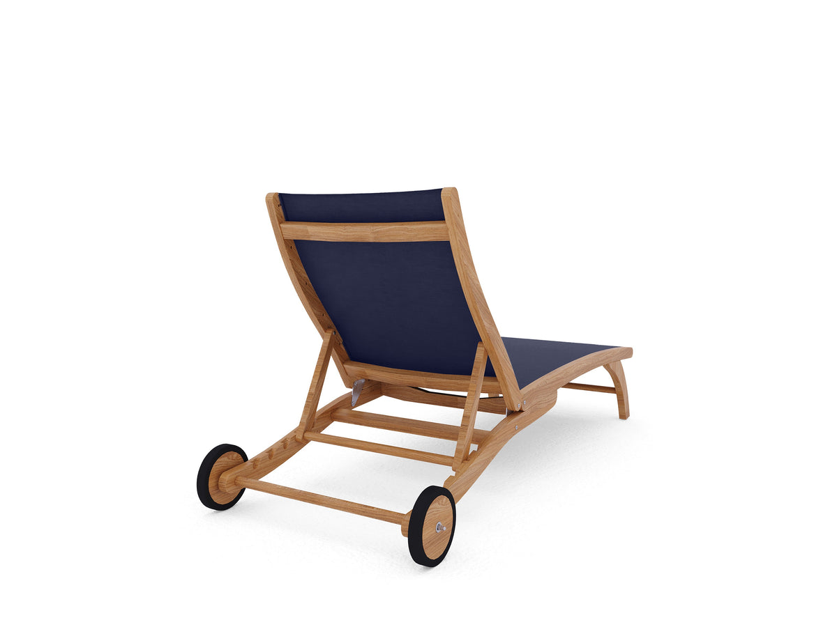 Perrin Teak Outdoor Reclining Chaise Lounger in Blue with Rear Wheels Lounger