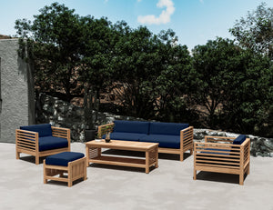Sylvie 5-Piece Teak Outdoor Patio Deep Seating Set with Subrella Navy Cushions Outdoor deep seating
