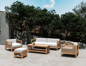 Sylvie 5-Piece Teak Outdoor Patio Deep Seating Set with Subrella White Cushions Outdoor deep seating