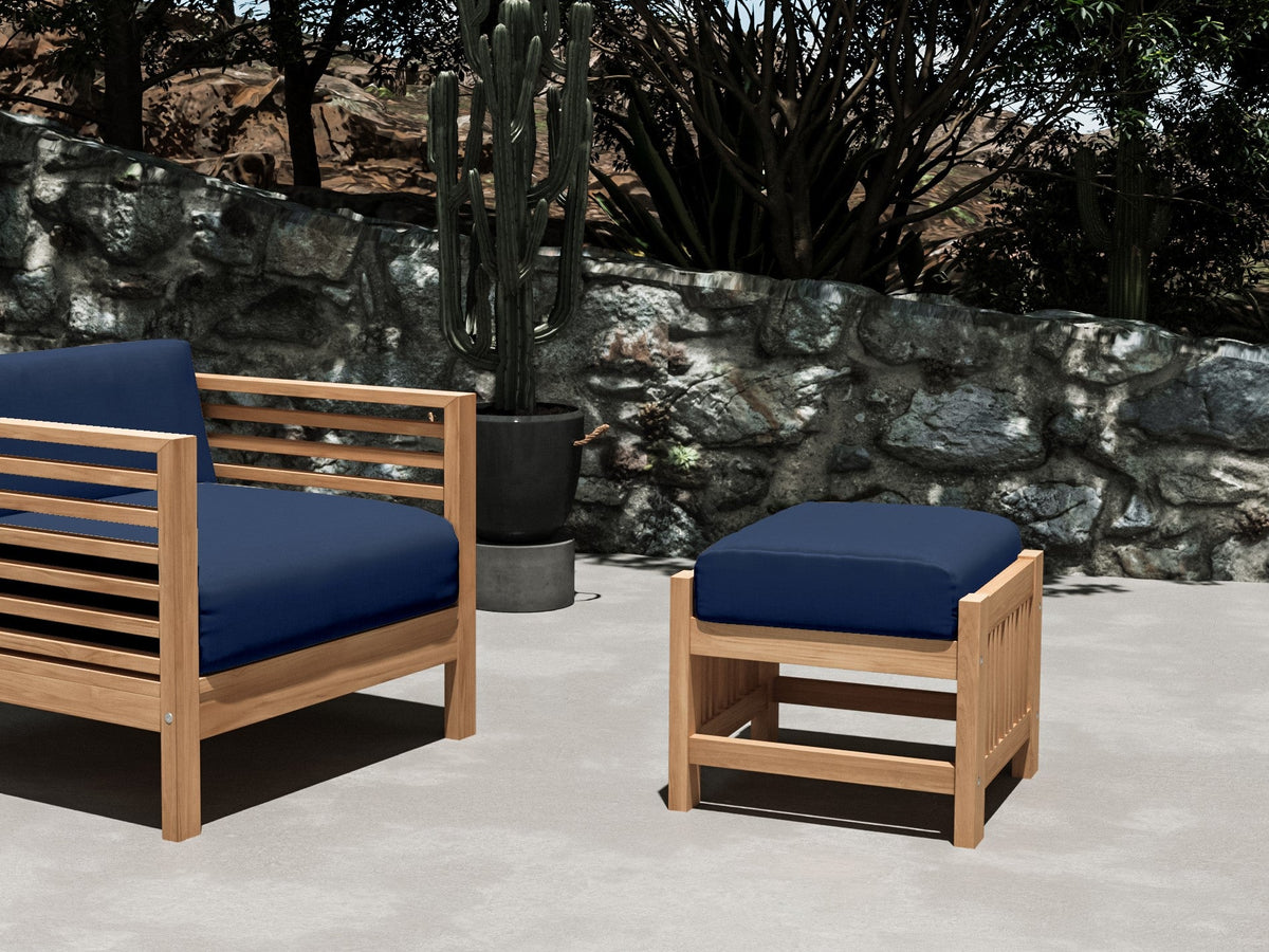 Sylvie Teak Outdoor Ottoman with Sunbrella Navy Cushion Ottoman