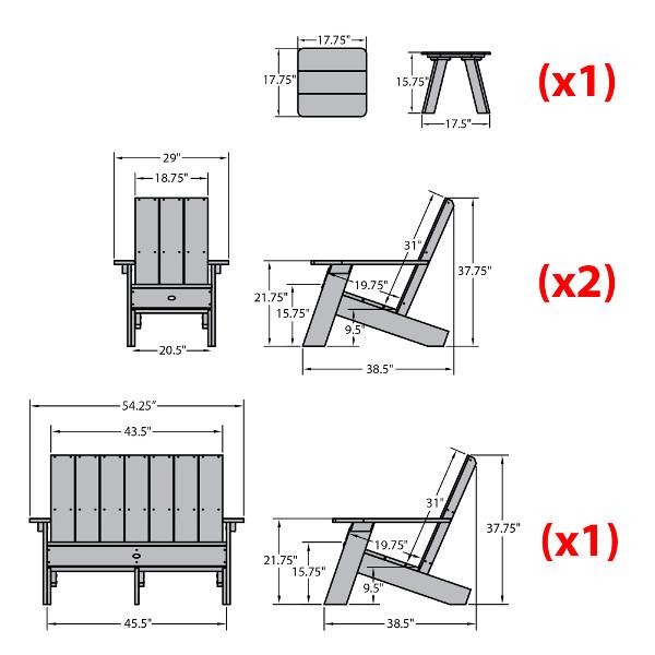 2 Barcelona Modern Adirondack Chair, 1 Barcelona Double Wide Modern Adirondack Chair, and 1 Barcelona Modern Side Table Conversation Set