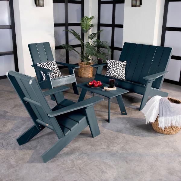 2 Barcelona Modern Adirondack Chairs, with 1 Barcelona Double Wide Modern Adirondack Chair &amp; 1 Conversation Table Conversation Set