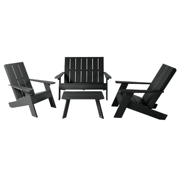 2 Barcelona Modern Adirondack Chairs, with 1 Barcelona Double Wide Modern Adirondack Chair &amp; 1 Conversation Table Conversation Set Black