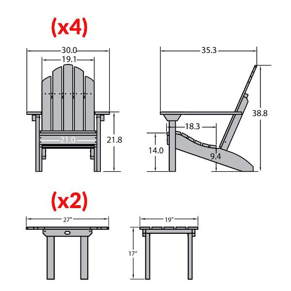 4 Classic Westport Adirondack Chairs with 2 Folding Side Tables Conversation Set