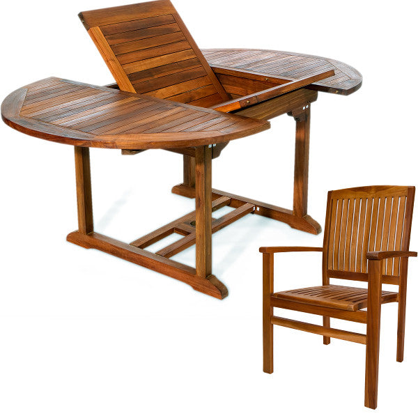 5-Piece Oval Extension Teak Table Stacking Chair Set with Cushions Dining Set