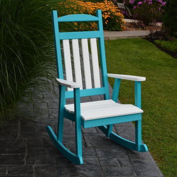 A &amp; L Furniture Poly Classic Porch Rocker w White Accents Rocker Chair Aruba Blue