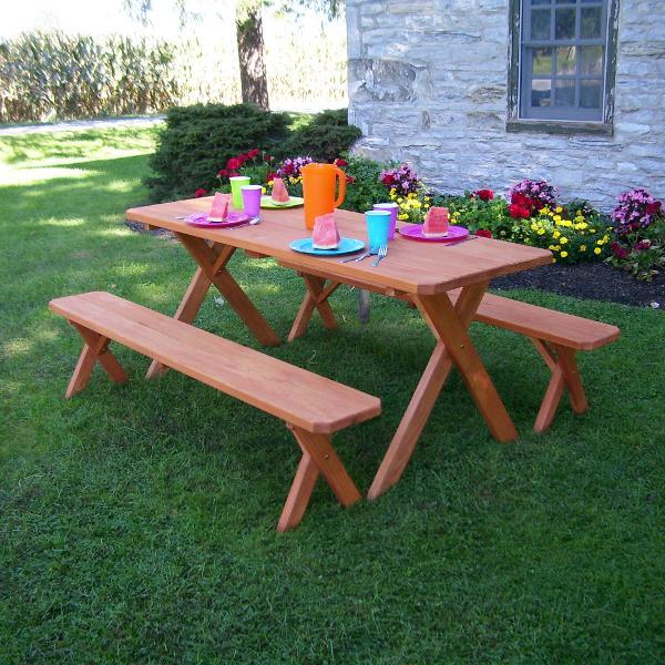 A &amp; L Furniture Pressure Treated Pine Crossleg Table with 2 Benches Picnic Benches 4ft / Unfinished / No