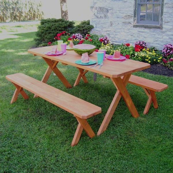 A &amp; L Furniture Pressure Treated Pine Crossleg Table with 2 Benches Picnic Benches 4ft / Unfinished / No