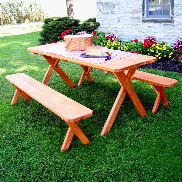 A &amp; L Furniture Pressure Treated Pine Crossleg Table with 2 Benches Picnic Benches 4ft / Unfinished / No