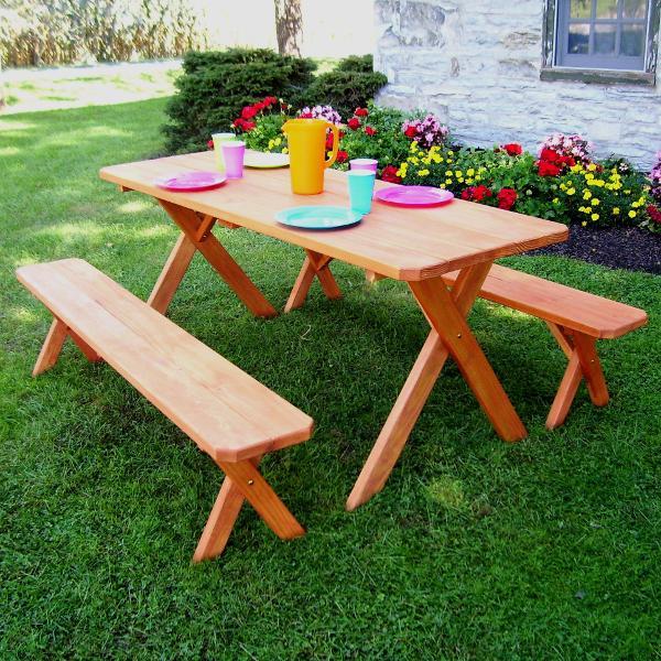 A &amp; L Furniture Pressure Treated Pine Crossleg Table with 2 Benches Picnic Benches 4ft / Unfinished / No