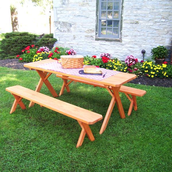 A &amp; L Furniture Pressure Treated Pine Crossleg Table with 2 Benches Picnic Benches 4ft / Unfinished / No