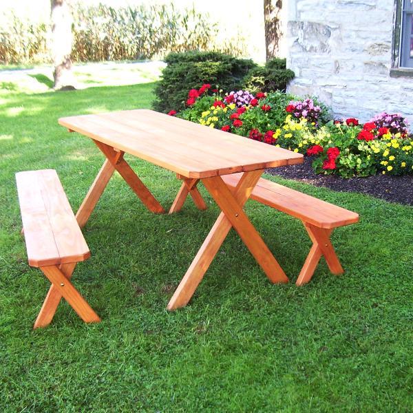 A &amp; L Furniture Pressure Treated Pine Crossleg Table with 2 Benches Picnic Benches 4ft / Unfinished / No