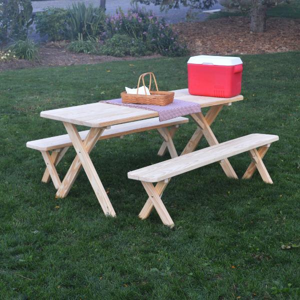 A &amp; L Furniture Pressure Treated Pine Crossleg Table with 2 Benches Picnic Benches 4ft / Unfinished / No