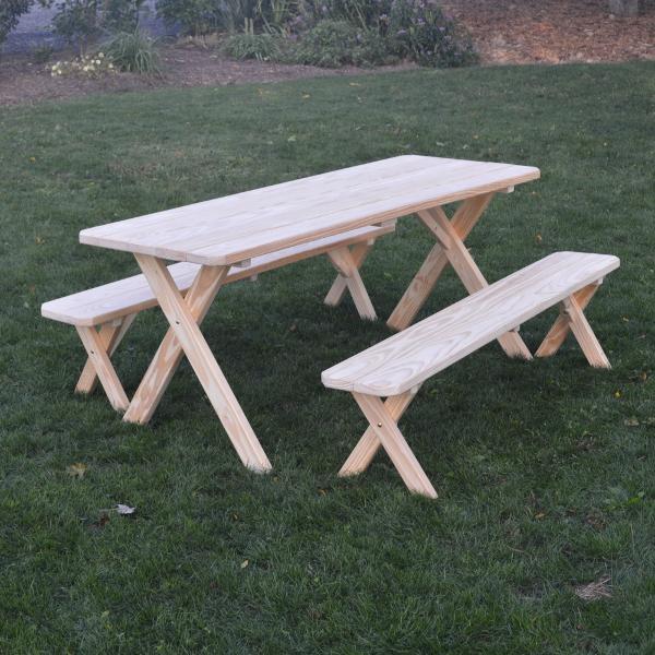 A &amp; L Furniture Pressure Treated Pine Crossleg Table with 2 Benches Picnic Benches 4ft / Unfinished / No