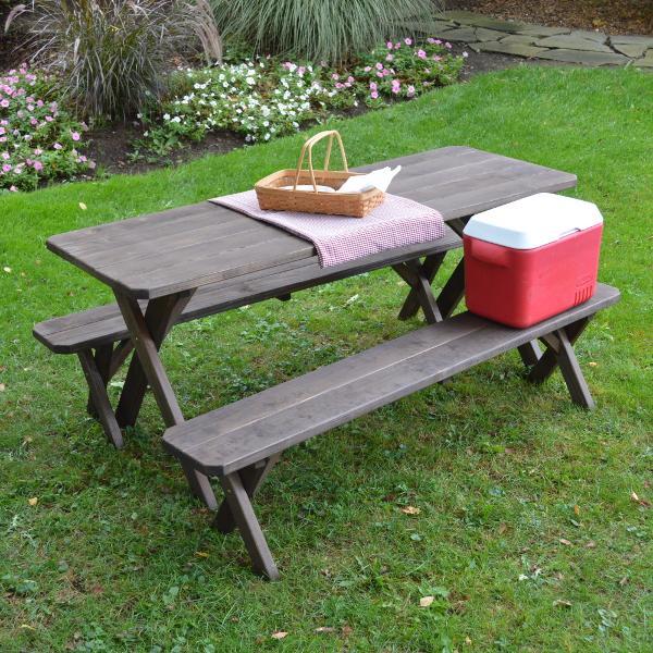 A &amp; L Furniture Pressure Treated Pine Crossleg Table with 2 Benches Picnic Benches 4ft / Unfinished / No