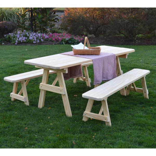 A &amp; L Furniture Pressure Treated Pine Traditional Table with 2 Benches Dining Bench Sets 4ft / Unfinished / No