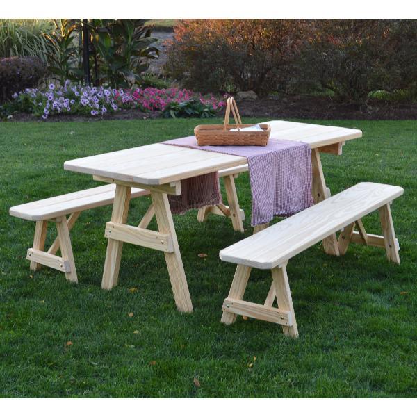 A &amp; L Furniture Pressure Treated Pine Traditional Table with 2 Benches Dining Bench Sets 4ft / Unfinished / No