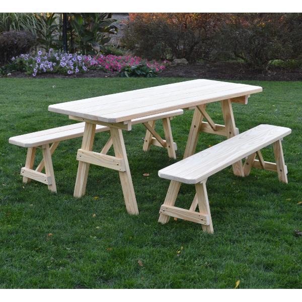 A &amp; L Furniture Pressure Treated Pine Traditional Table with 2 Benches Dining Bench Sets 4ft / Unfinished / No
