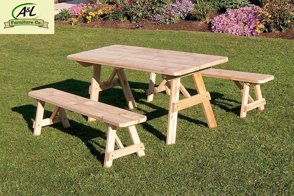 Western Red Cedar Traditional Picnic Table with 2 Benches - The Charming Bench Company