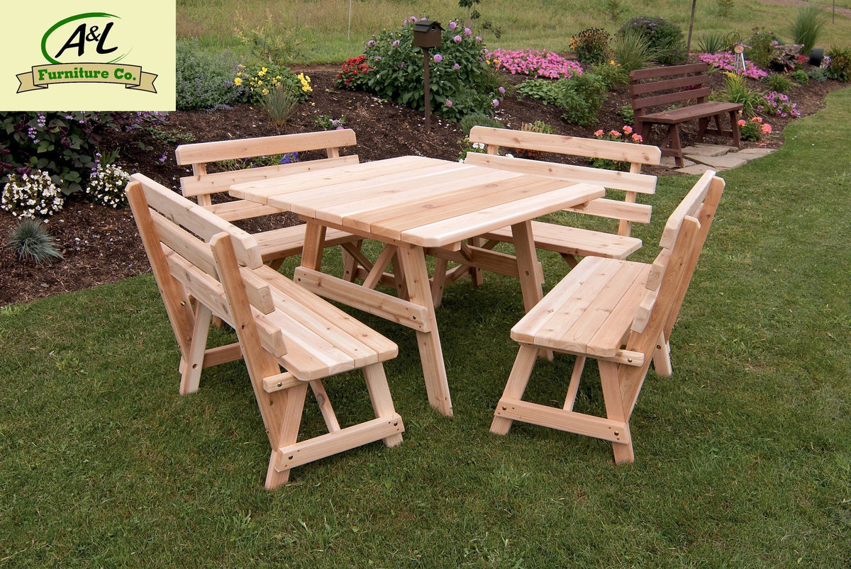 A &amp; L Furniture Western Red Cedar Square Table with 4 Backed Benches Picnic Table Unfinished / No