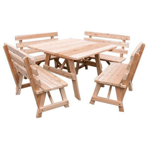 A & L Furniture Western Red Cedar Square Table with 4 Backed Benches Picnic Table Unfinished / No