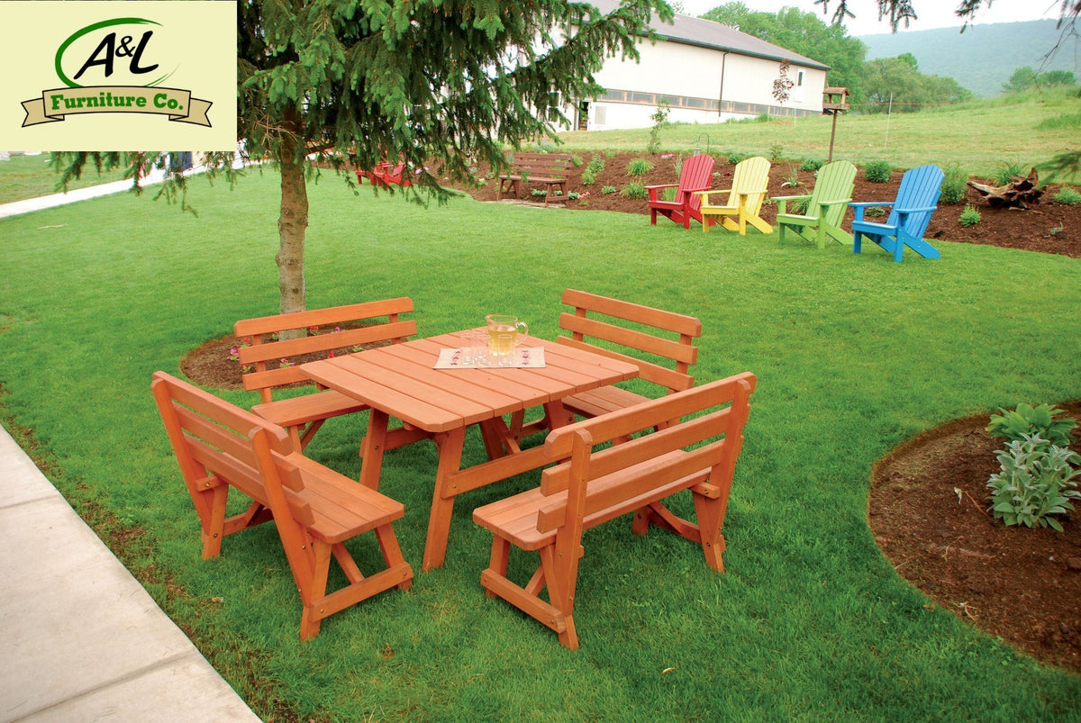 A &amp; L Furniture Yellow Pine Square Picnic Table with 4 Backed Benches Picnic Table Unfinished / No