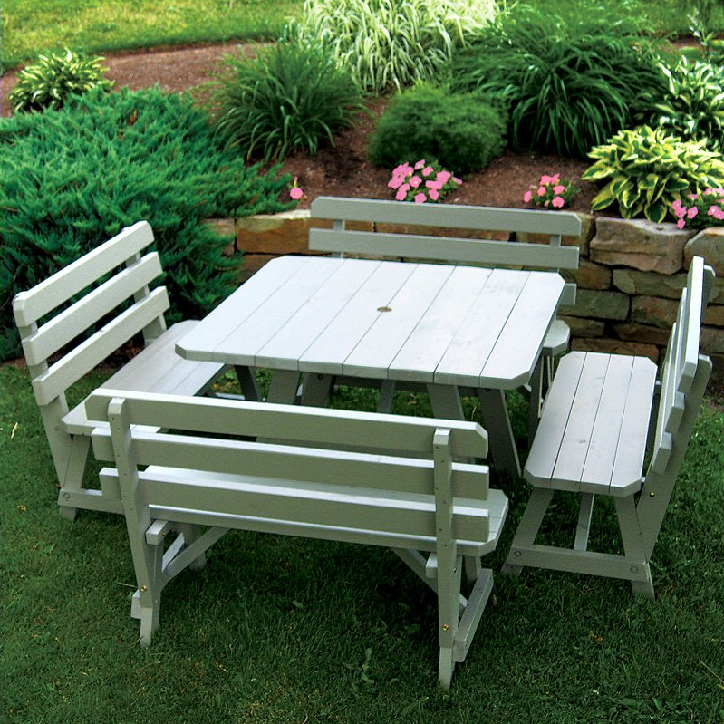 A &amp; L Furniture Yellow Pine Square Picnic Table with 4 Backed Benches Picnic Table Unfinished / No