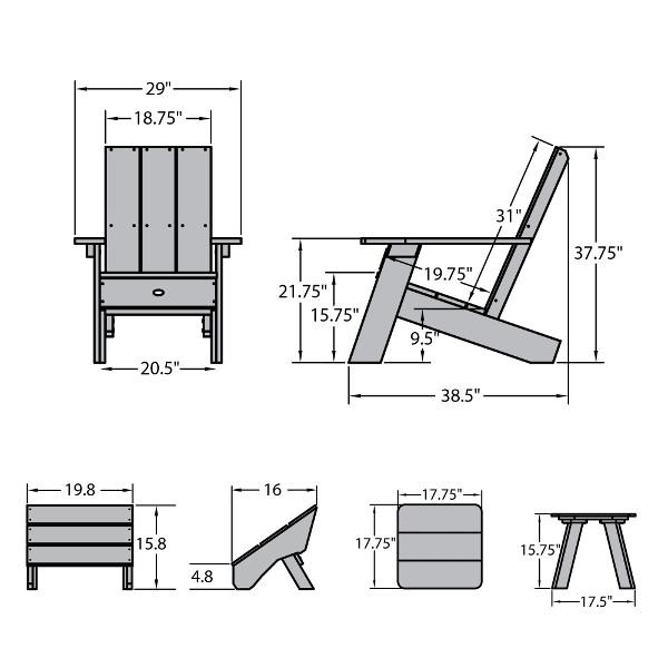 Adirondack 1 Barcelona Modern Chair With 1 Barcelona Modern Side Table &amp; 1 Folding Ottoman Conversation Set