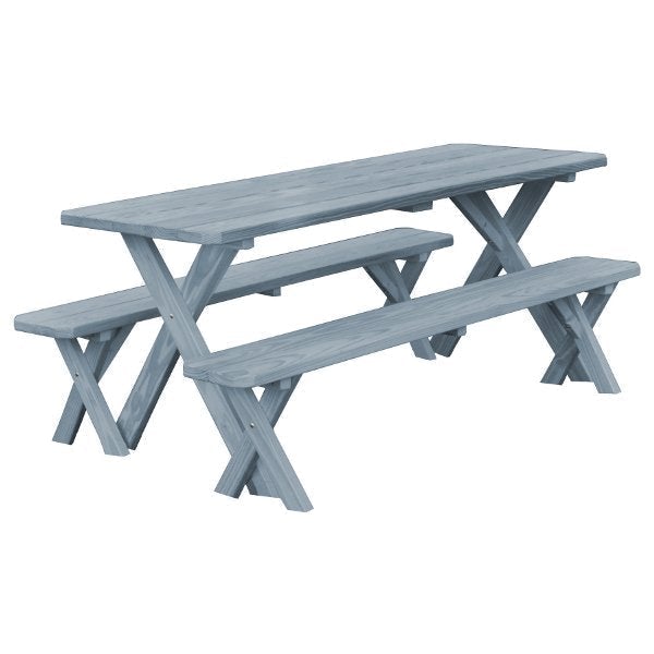 Pressure Treated Pine Crossleg Table with 2 Benches Picnic Benches 6ft / Gray Stain / Without Umbrella Hole