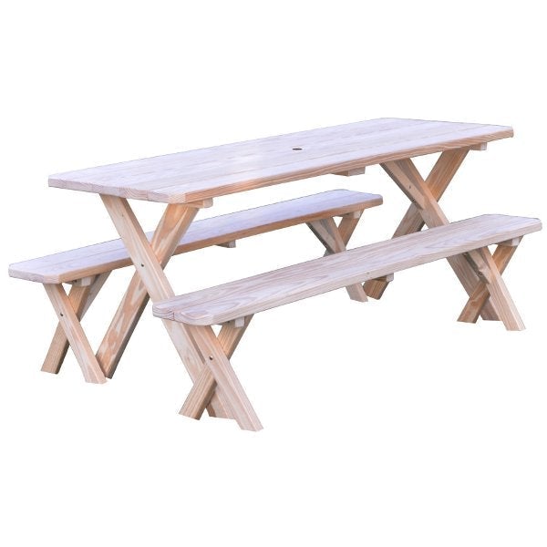 Pressure Treated Pine Crossleg Table with 2 Benches Picnic Benches 6ft / Unfinished / Include Standard Size Umbrella Hole