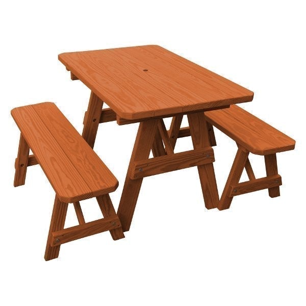 Pressure Treated Pine Traditional Table with 2 Benches Dining Bench Set 4ft / Redwood Stain / Include Standard Size Umbrella Hole