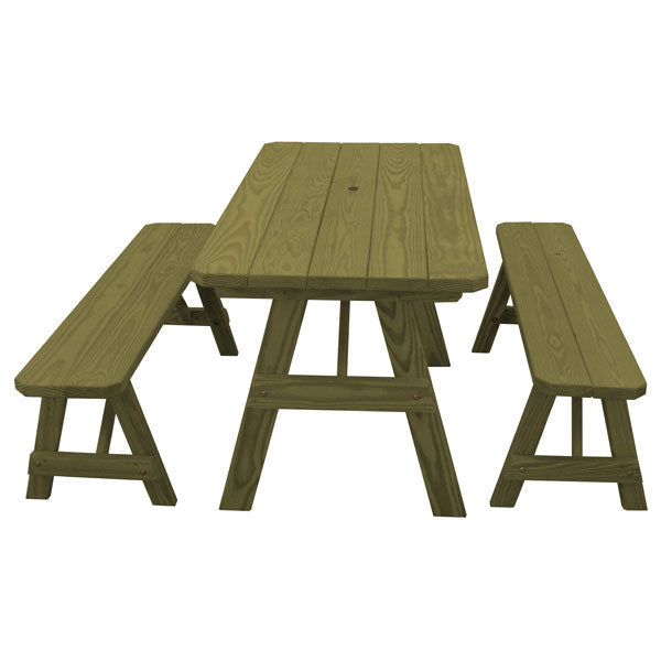 Pressure Treated Pine Traditional Table with 2 Benches Dining Bench Set 5ft / Linden Leaf Stain / Include Standard Size Umbrella Hole