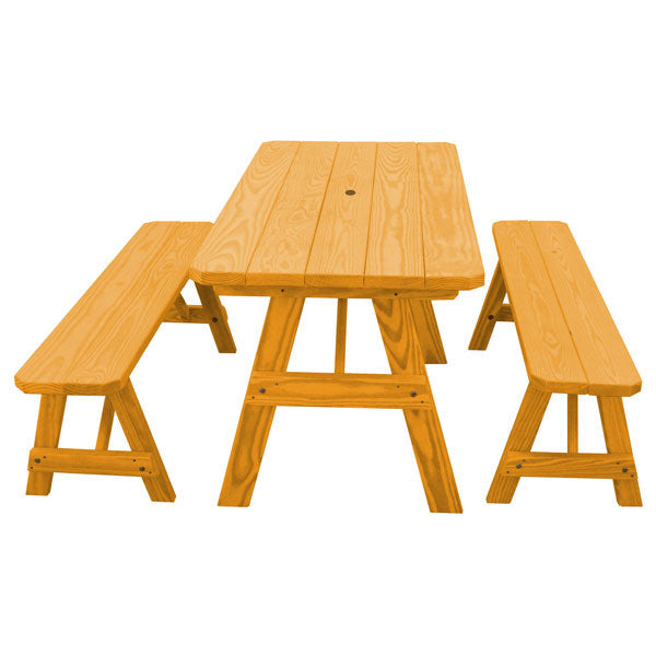 Pressure Treated Pine Traditional Table with 2 Benches Dining Bench Set 5ft / Natural Stain / Include Standard Size Umbrella Hole