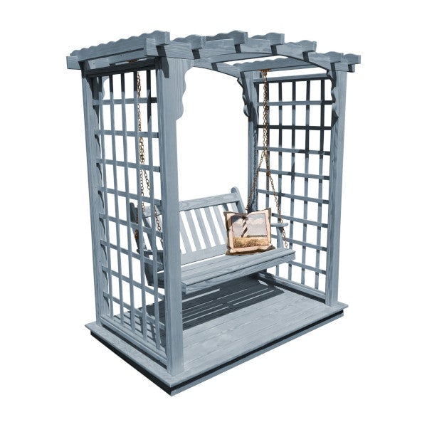 Yellow Pine Cambridge Arbor with Deck &amp; Swing Porch Swing 5ft / Gray Stain