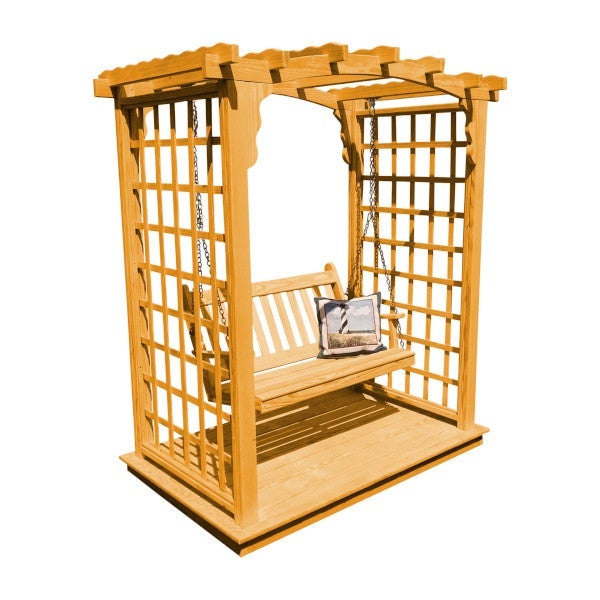 Yellow Pine Cambridge Arbor with Deck &amp; Swing Porch Swing 5ft / Natural Stain