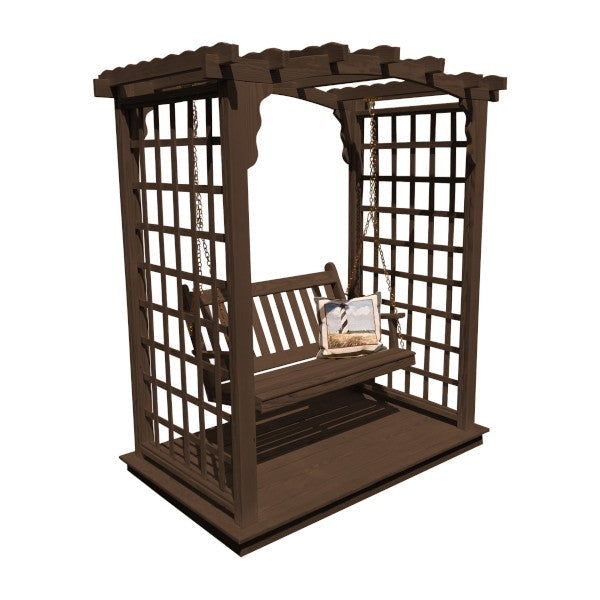Yellow Pine Cambridge Arbor with Deck &amp; Swing Porch Swing 5ft / Walnut Stain