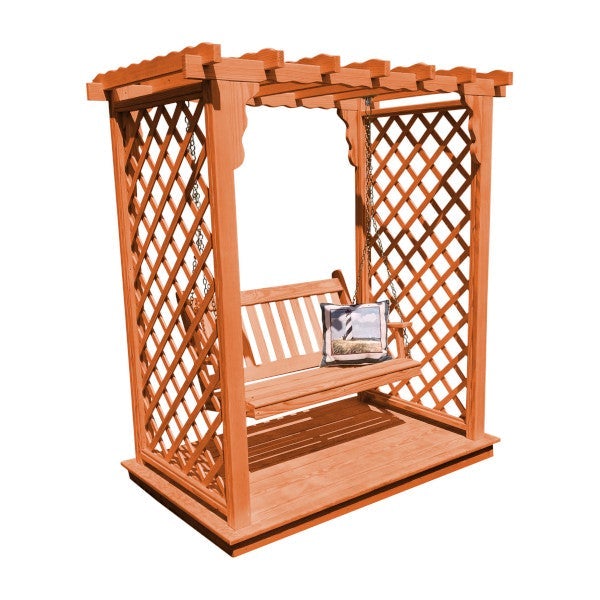 Yellow Pine Covington Arbor with Deck &amp; Swing Porch Swing 5ft / Redwood Stain