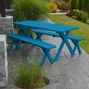 Yellow Pine Cross Legged Picnic Table with 2 Benches Size 6ft, 8ft Picnic Table 6ft / Caribbean Blue Paint / Without Umbrella Hole