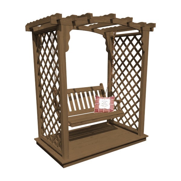 Yellow Pine Jamesport Arbor with Deck &amp; Swing Porch Swing 5ft / Mushroom Stain