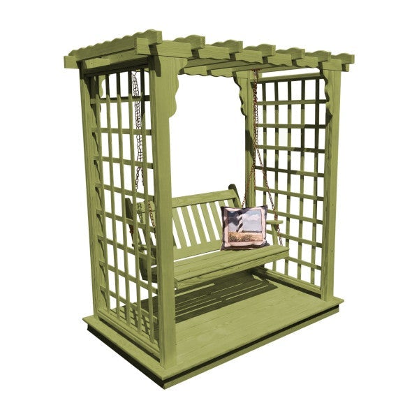 Yellow Pine Lexington Arbor with Deck &amp; Swing Porch Swing 5ft / Linden Leaf Stain