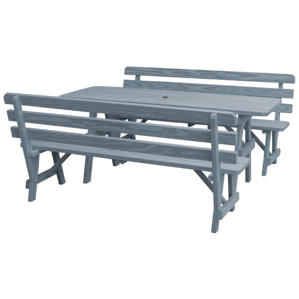 Yellow Pine Picnic Table with 2 Backed Benches Size 6ft - 8ft Picnic Table 6ft / Gray Stain / Include Standard Size Umbrella Hole