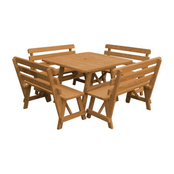 Yellow Pine Square Picnic Table with 4 Backed Benches Picnic Table Oak Stain / Include Standard Size Umbrella Hole