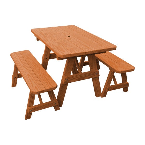 Yellow Pine Traditional Picnic Table with 2 Benches Picnic Table 4ft / Cedar Stain / Include Standard Size Umbrella Hole